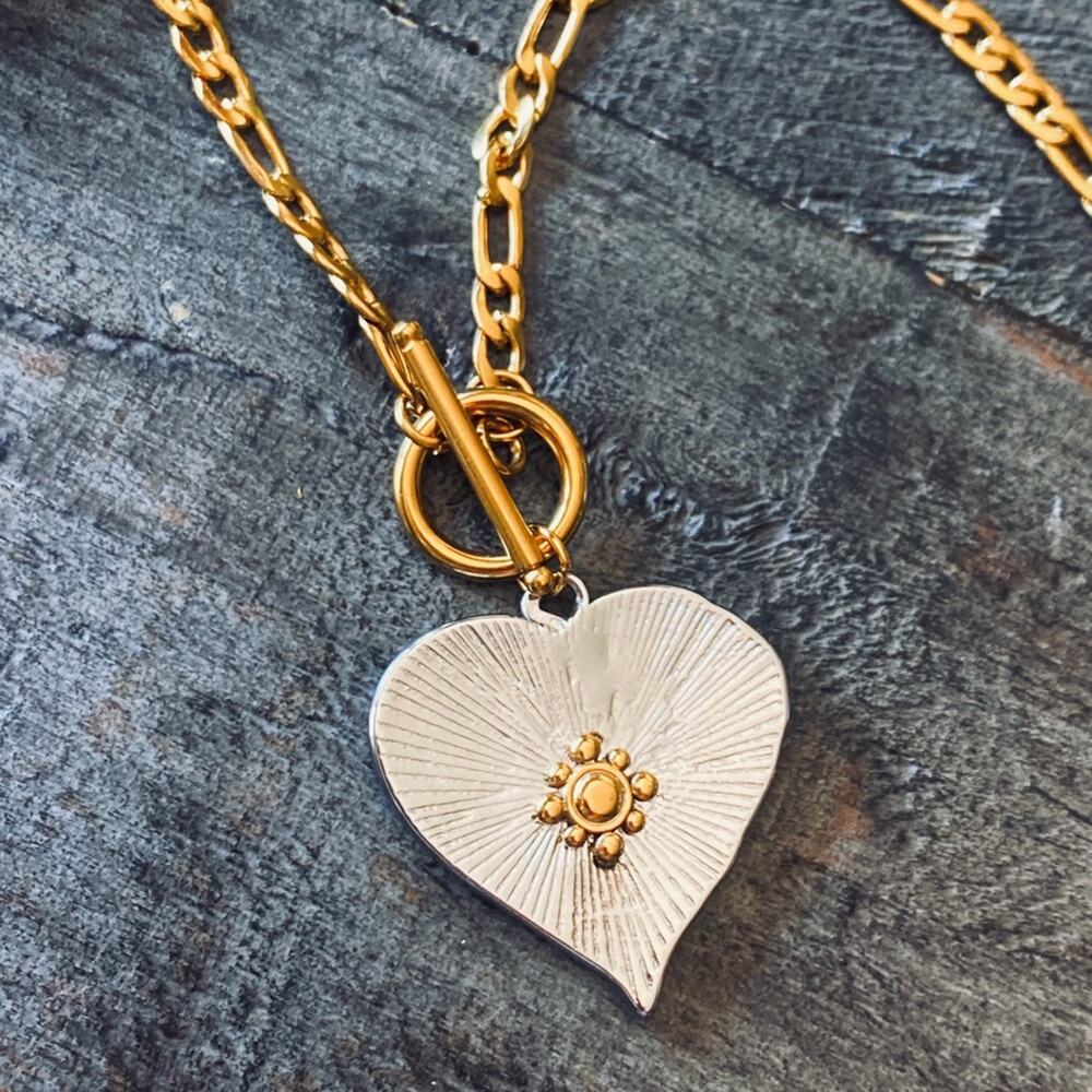 NEW Silver & Gold Heart Pendant Toggle Necklace